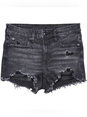 American Eagle High Rise Shortie Black Jean Shorts Stretch Distressed Womens 6